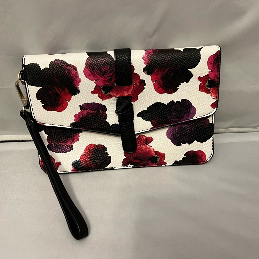 Charming Charlie Black and Red Floral Clutch